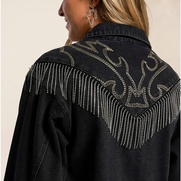 NEW blue b Black Rhinestone Chevron Fringe Cowboy Stitch Western Denim Jacket S - Picture 6 of 6